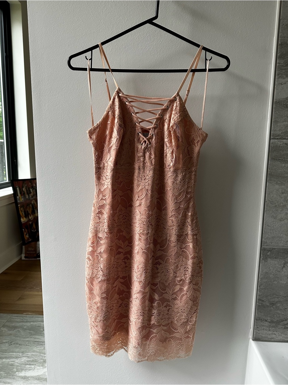 Guess Rose Blush Lace-Up Spaghetti Strap Mini Dress